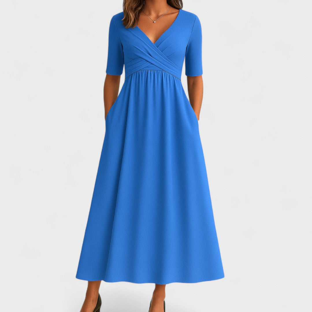 Crossover V-Neck Ruched Waist A Line Casual Midi Dress