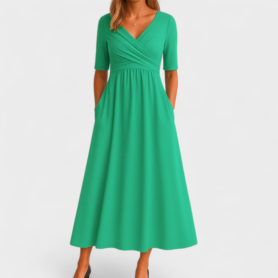 Crossover V-Neck Ruched Waist A Line Casual Midi Dress