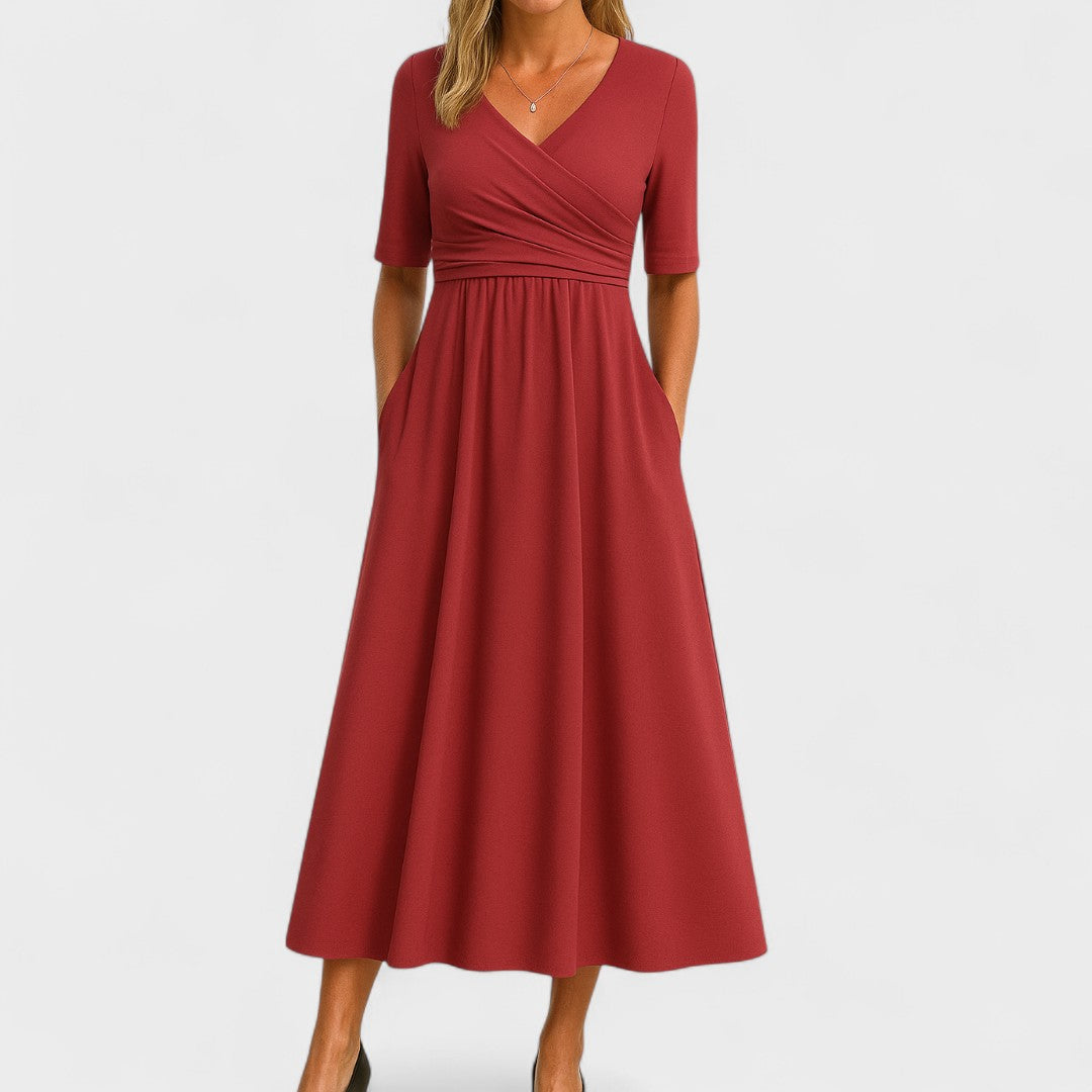 Crossover V-Neck Ruched Waist A Line Casual Midi Dress