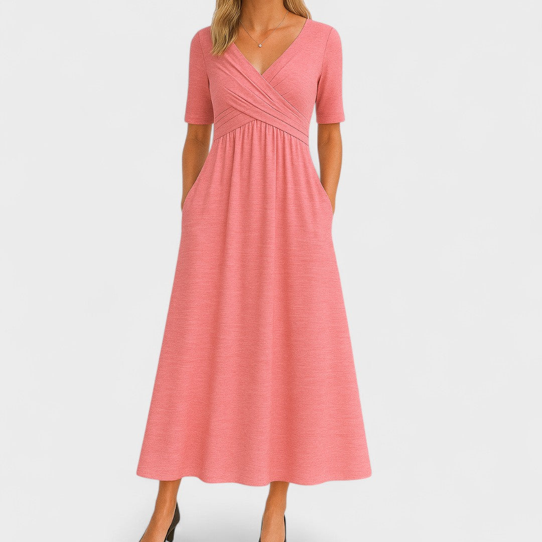 Crossover V-Neck Ruched Waist A Line Casual Midi Dress