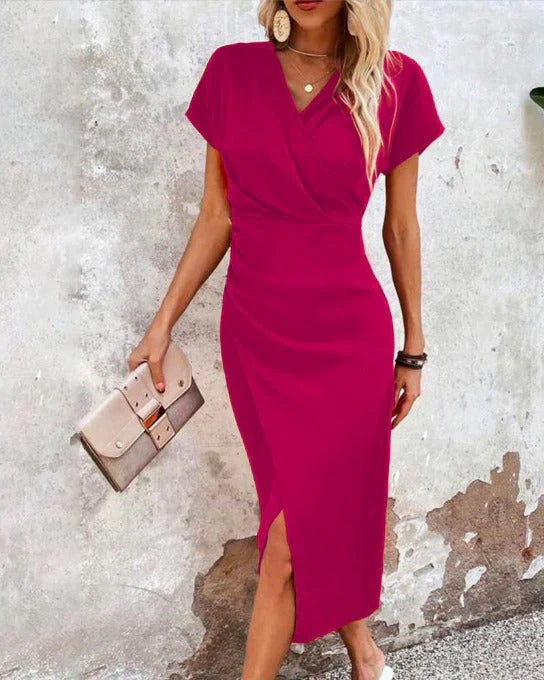 Wrap V Neck Short Sleeve Split Hem Bodycon Midi Dress