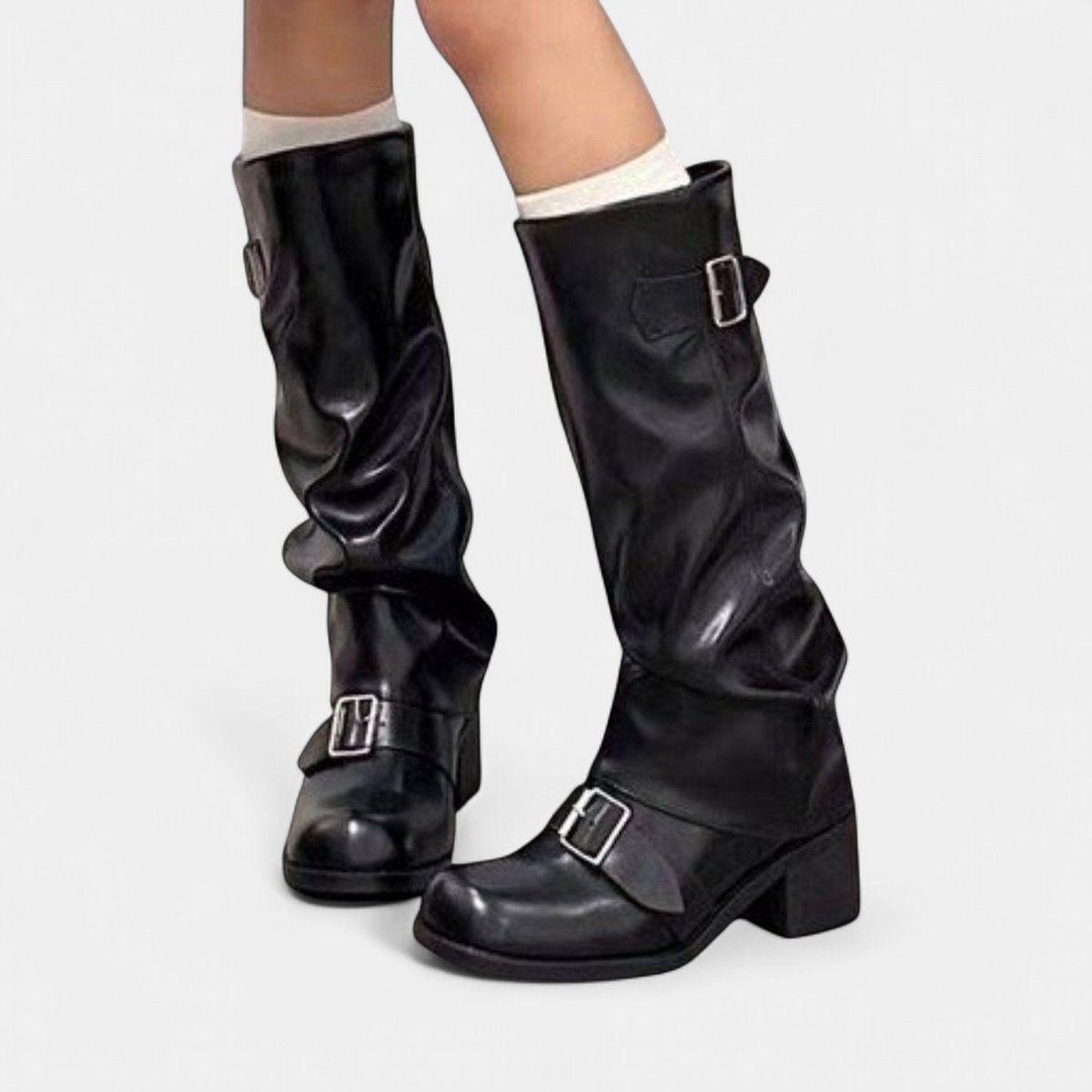 Delphine | Women's Buckle Block Heel Knee High Slouch Boots in PU Faux Leather