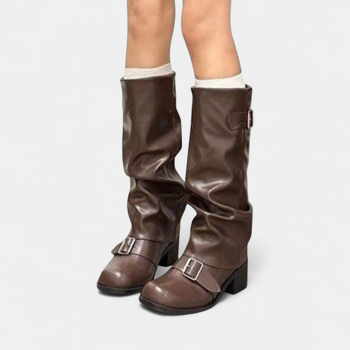 Delphine | Women's Buckle Block Heel Knee High Slouch Boots in PU Faux Leather