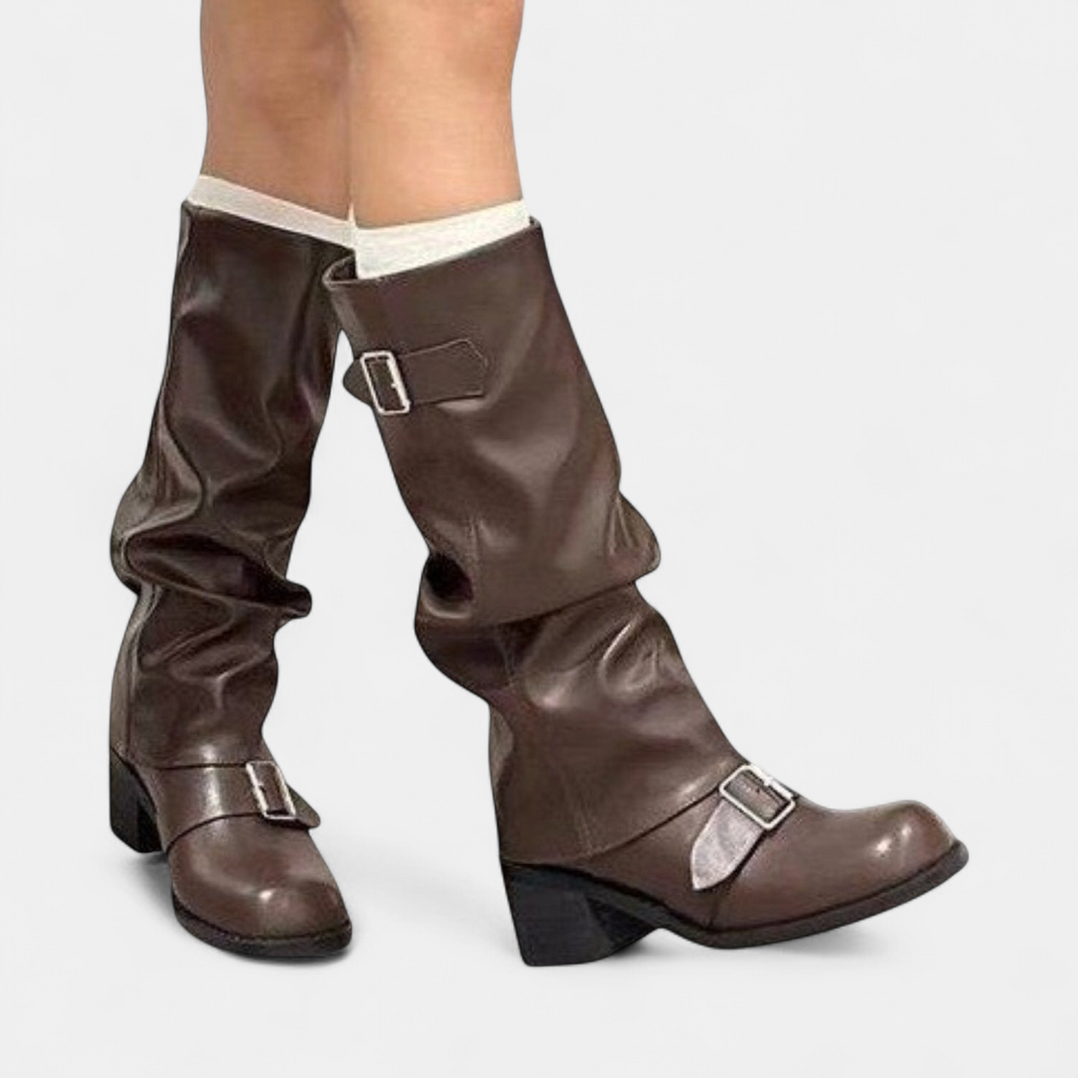 Delphine | Women's Buckle Block Heel Knee High Slouch Boots in PU Faux Leather