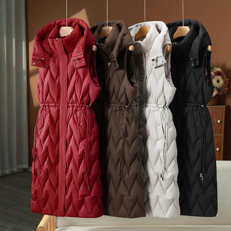 Astrid | Women's Long Quilted Puffer Vest with Hood and Drawstring Waist