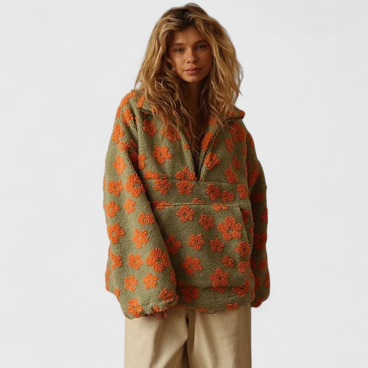 Junie | Women's Sherpa Fleece Floral Sweater with Quarter-Zip