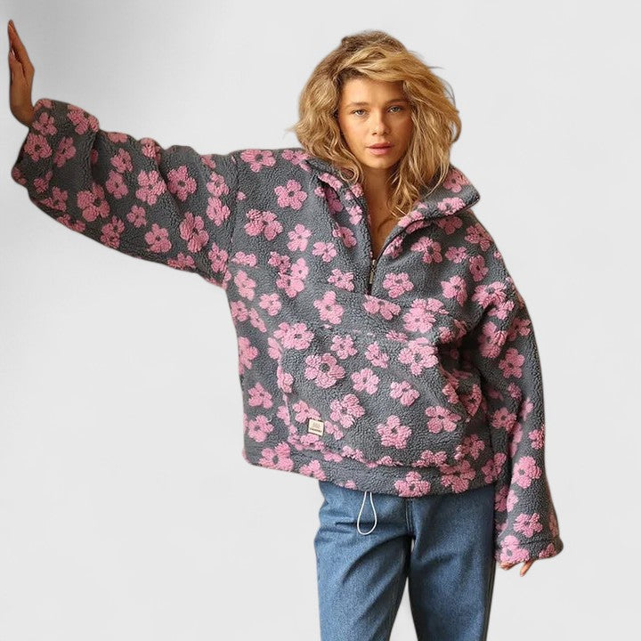Junie | Women's Sherpa Fleece Floral Sweater with Quarter-Zip