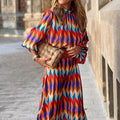 Geometric Chevron Print Balloon Sleeve Pleated Midi Dress