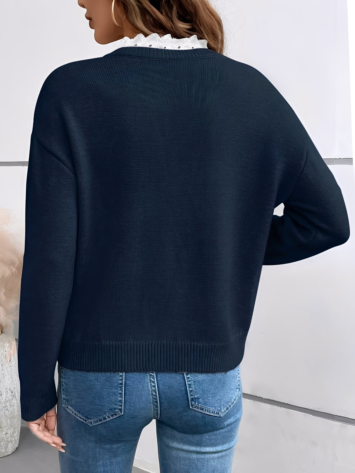 Bianca | Women's Lace-Trim V-Neck Pullover Sweater