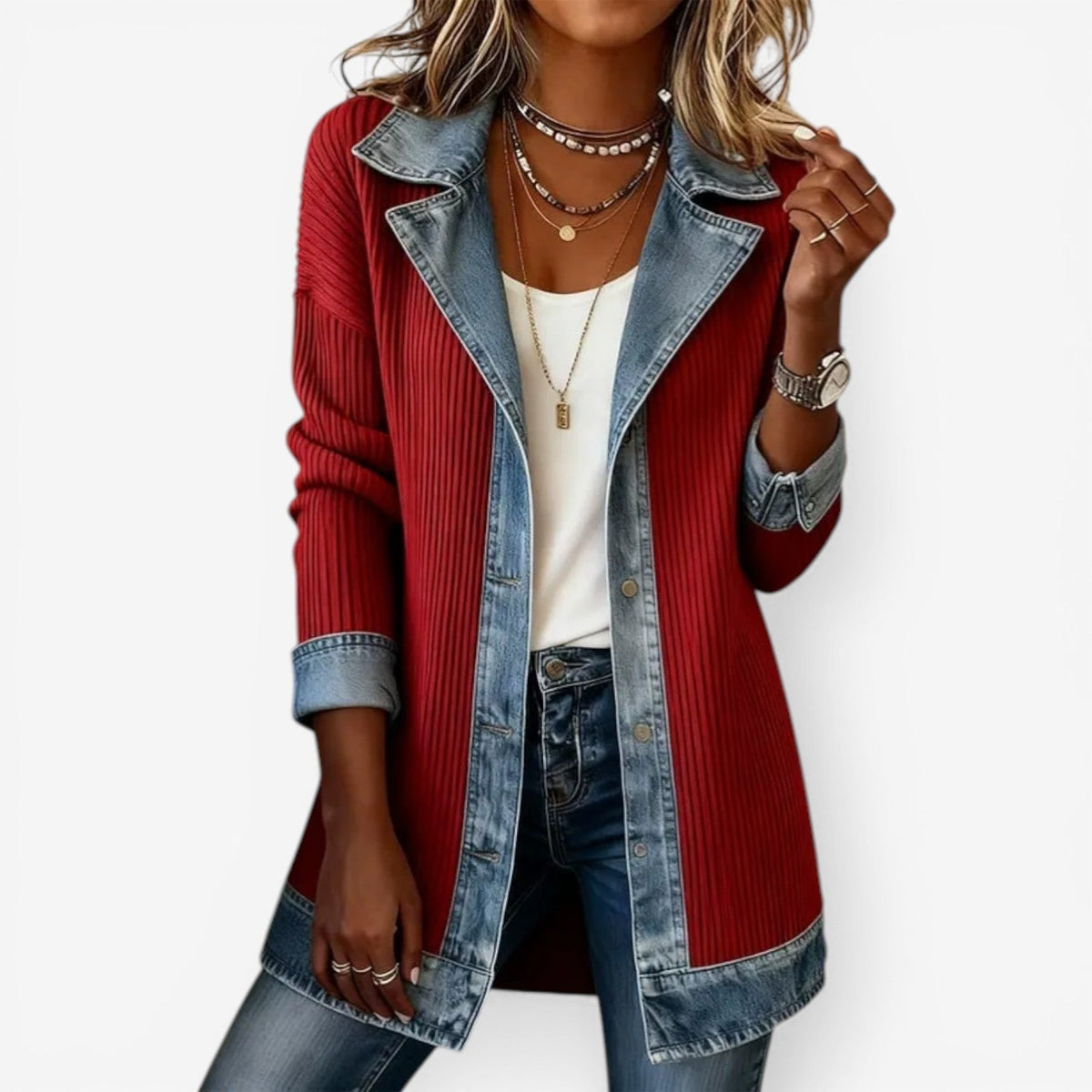 Wilhelmina | Women's Colorblock Ribbed Knit Denim Trim Jacket