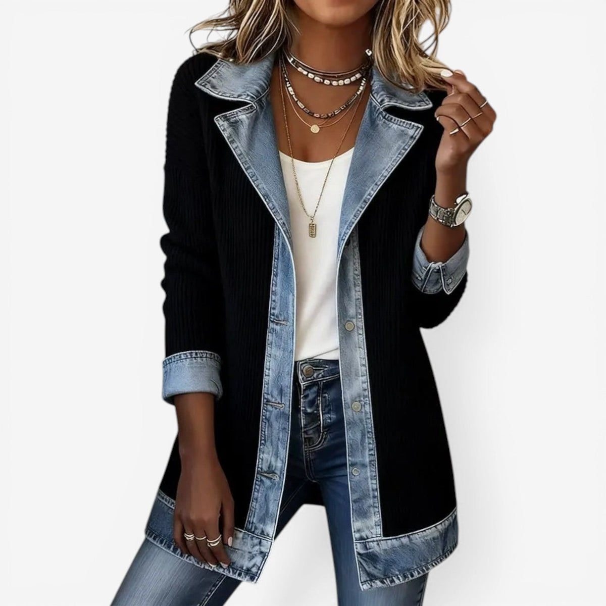 Wilhelmina | Women's Colorblock Ribbed Knit Denim Trim Jacket