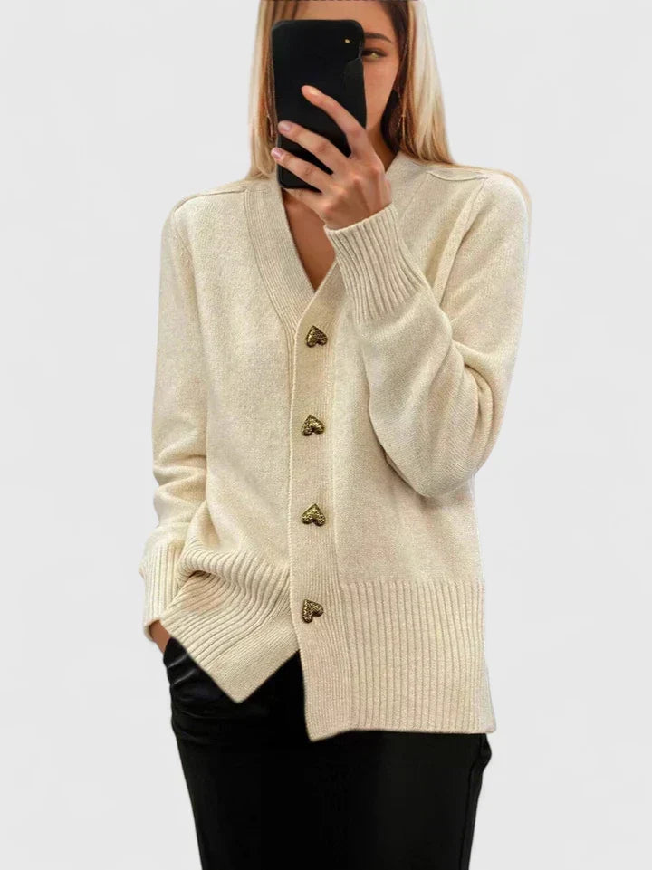 Wren | Women's V-Neck Cashmere Cardigan with Gold Heart Button Detail
