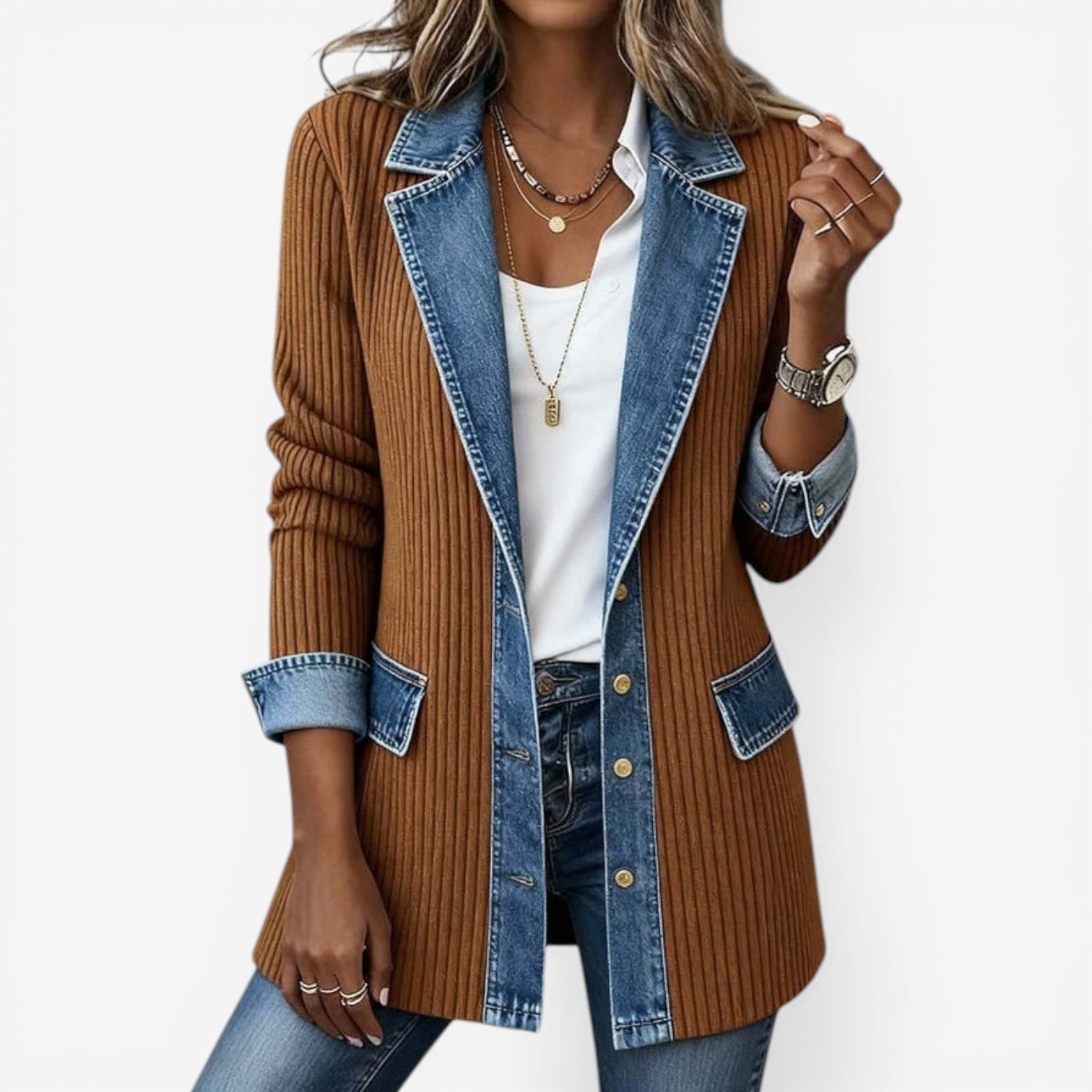 Wilhelmina | Women's Colorblock Ribbed Knit Denim Trim Jacket