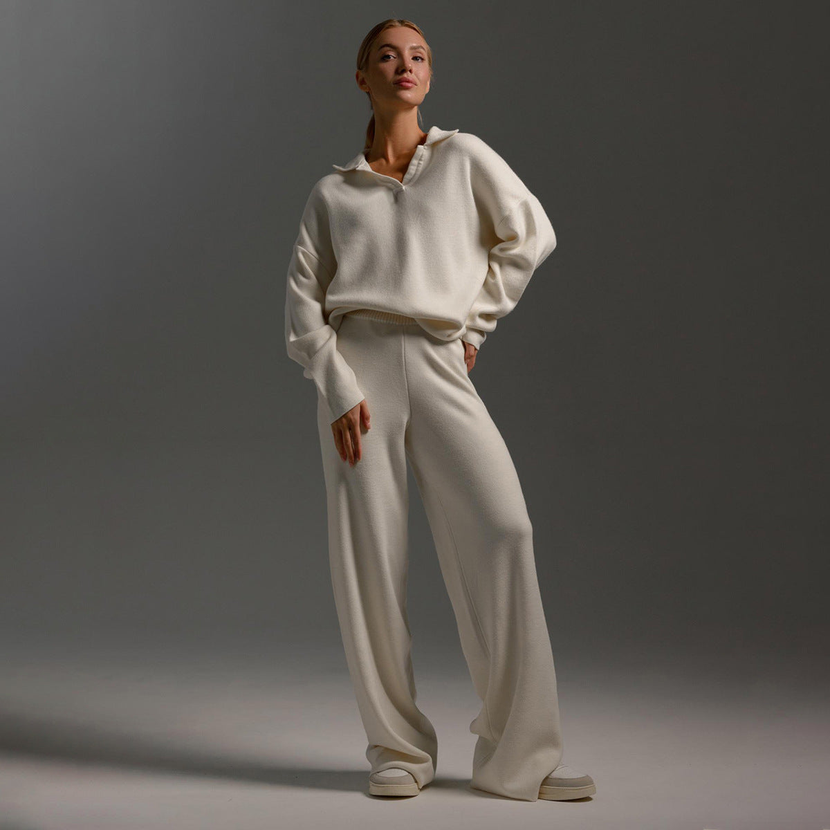 Collared Open Neck Knit Top and Wide Leg Pant Lounge Set