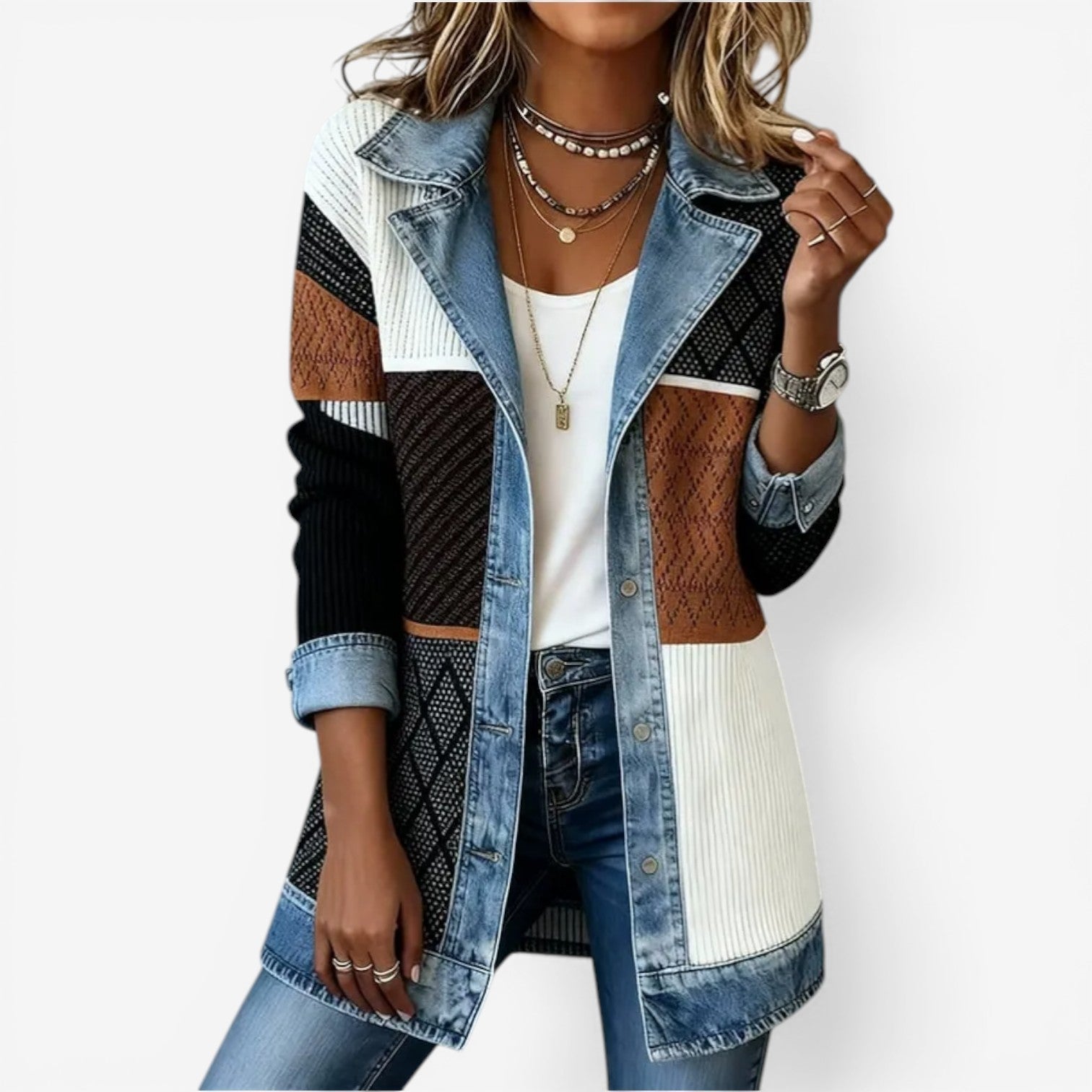 Wilhelmina | Women's Colorblock Ribbed Knit Denim Trim Jacket