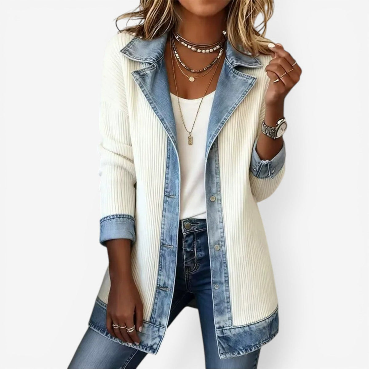 Wilhelmina | Women's Colorblock Ribbed Knit Denim Trim Jacket