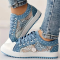 Floral Embroidered Mesh Panel Zip Charm Lace Up Platform Sneaker