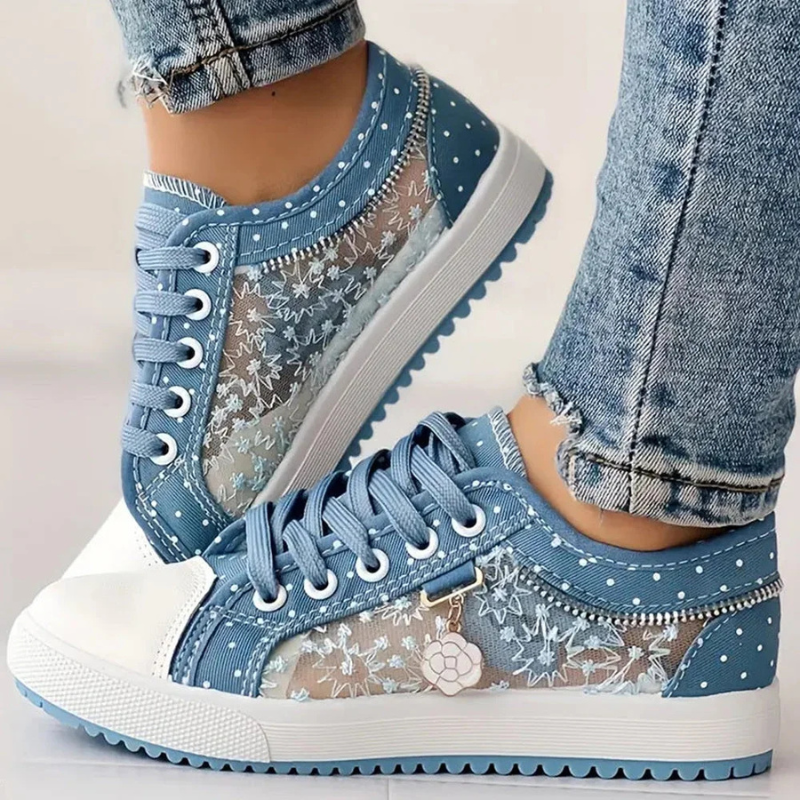 Floral Embroidered Mesh Panel Zip Charm Lace Up Platform Sneaker
