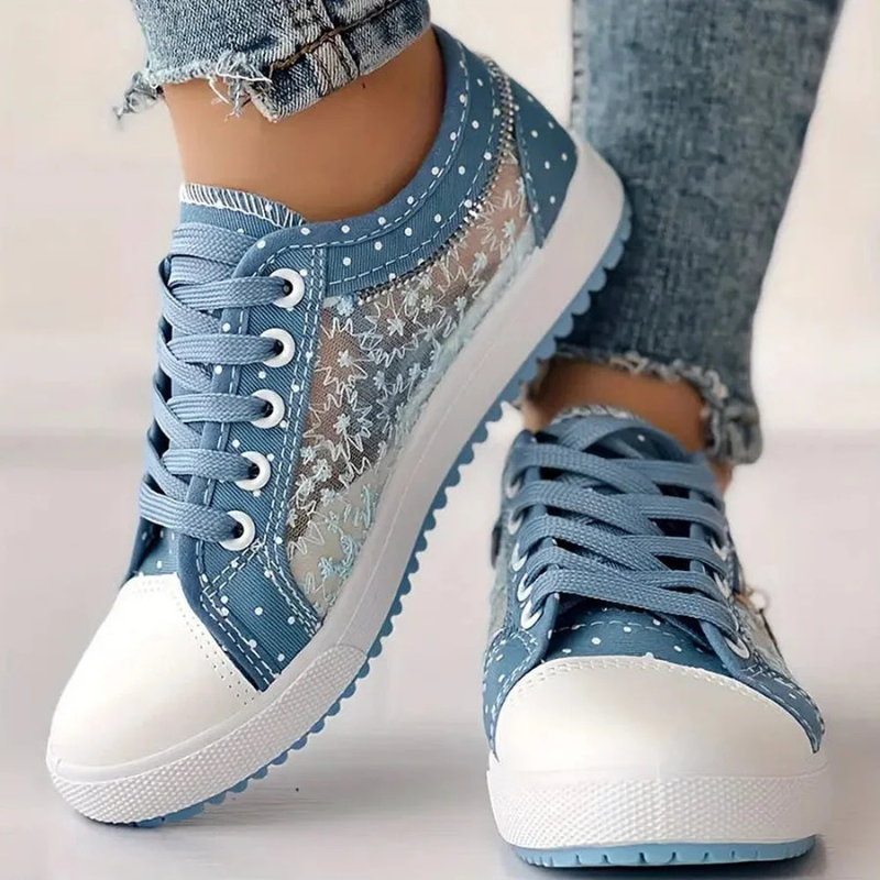Floral Embroidered Mesh Panel Zip Charm Lace Up Platform Sneaker