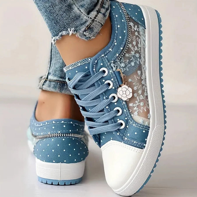 Floral Embroidered Mesh Panel Zip Charm Lace Up Platform Sneaker