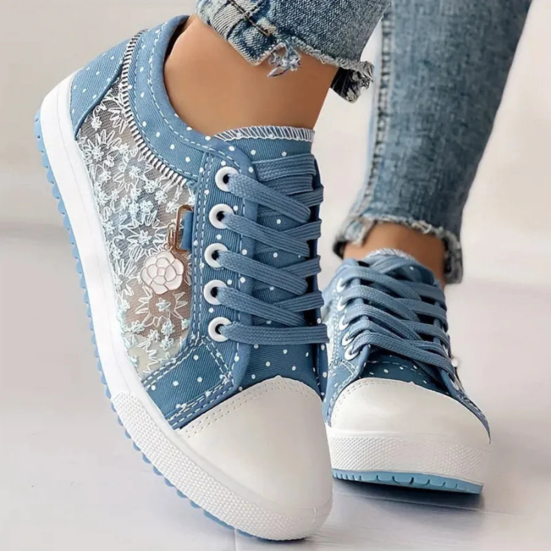 Floral Embroidered Mesh Panel Zip Charm Lace Up Platform Sneaker