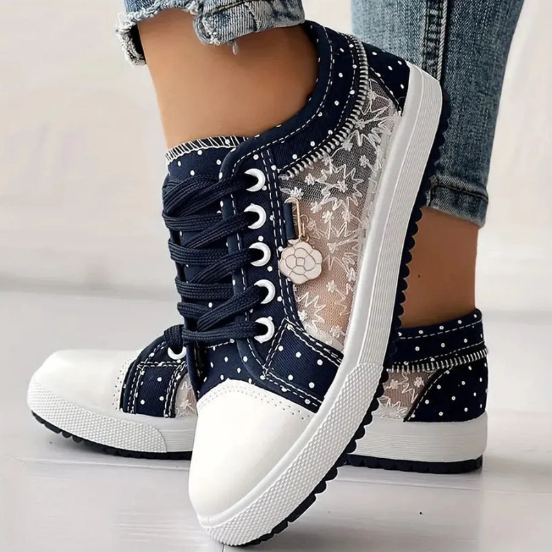 Floral Embroidered Mesh Panel Zip Charm Lace Up Platform Sneaker