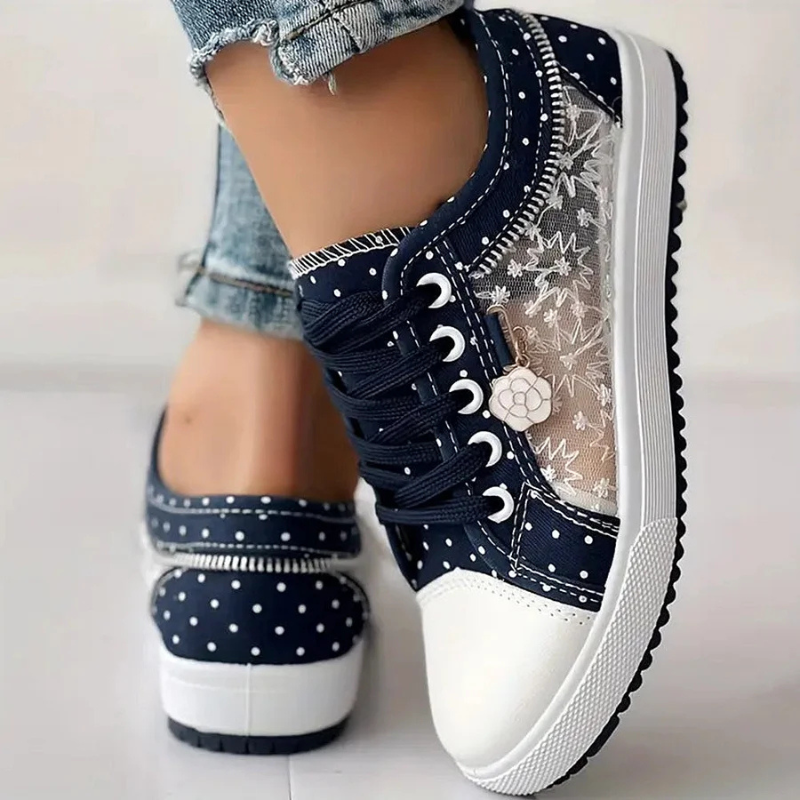 Floral Embroidered Mesh Panel Zip Charm Lace Up Platform Sneaker