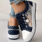 Floral Embroidered Mesh Panel Zip Charm Lace Up Platform Sneaker