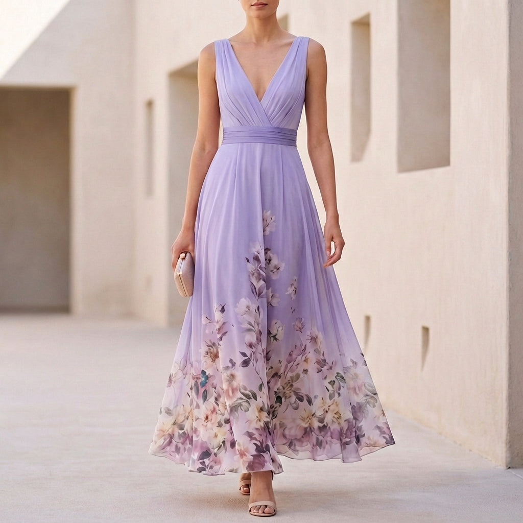 Floral Border Print Ruched V-Neck Chiffon Maxi Dress - Wedding Guest