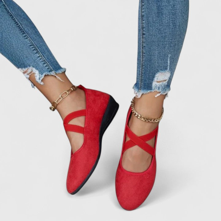 Suede Cross Strap Closed Toe Low Wedge Sandal