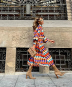 Geometric Chevron Print Balloon Sleeve Pleated Midi Dress