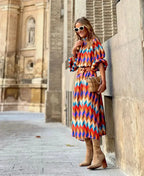 Geometric Chevron Print Balloon Sleeve Pleated Midi Dress