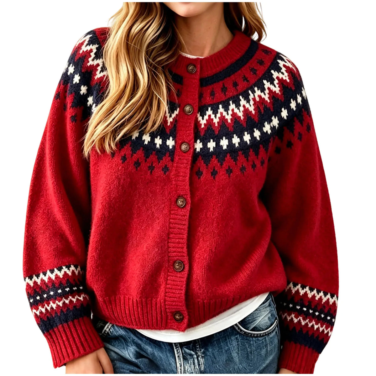 Sigrid | Women’s Knit Crew Neck Fair Isle Cardigan