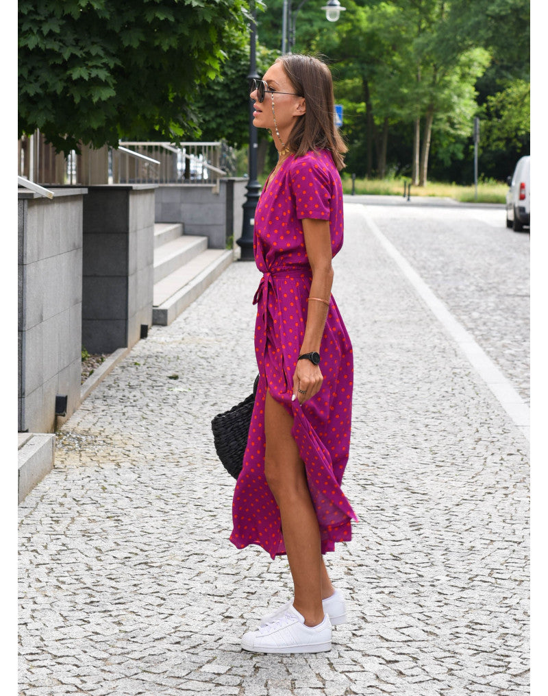 Floral Wrap Tie Waist Short Sleeve Asymmetric Midi Dress