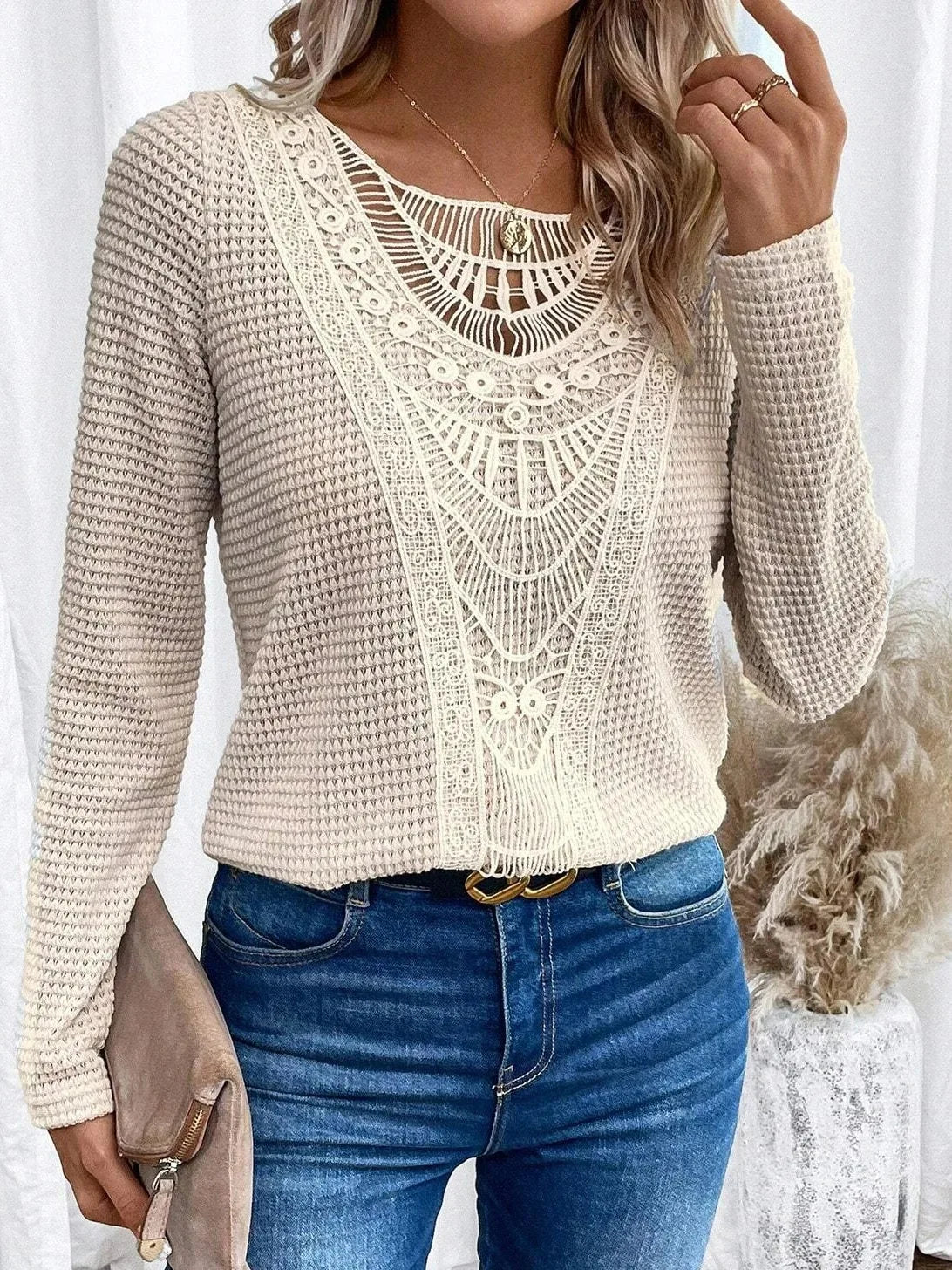 Marisela | Women's Crochet Detail Waffle Knit Sweater
