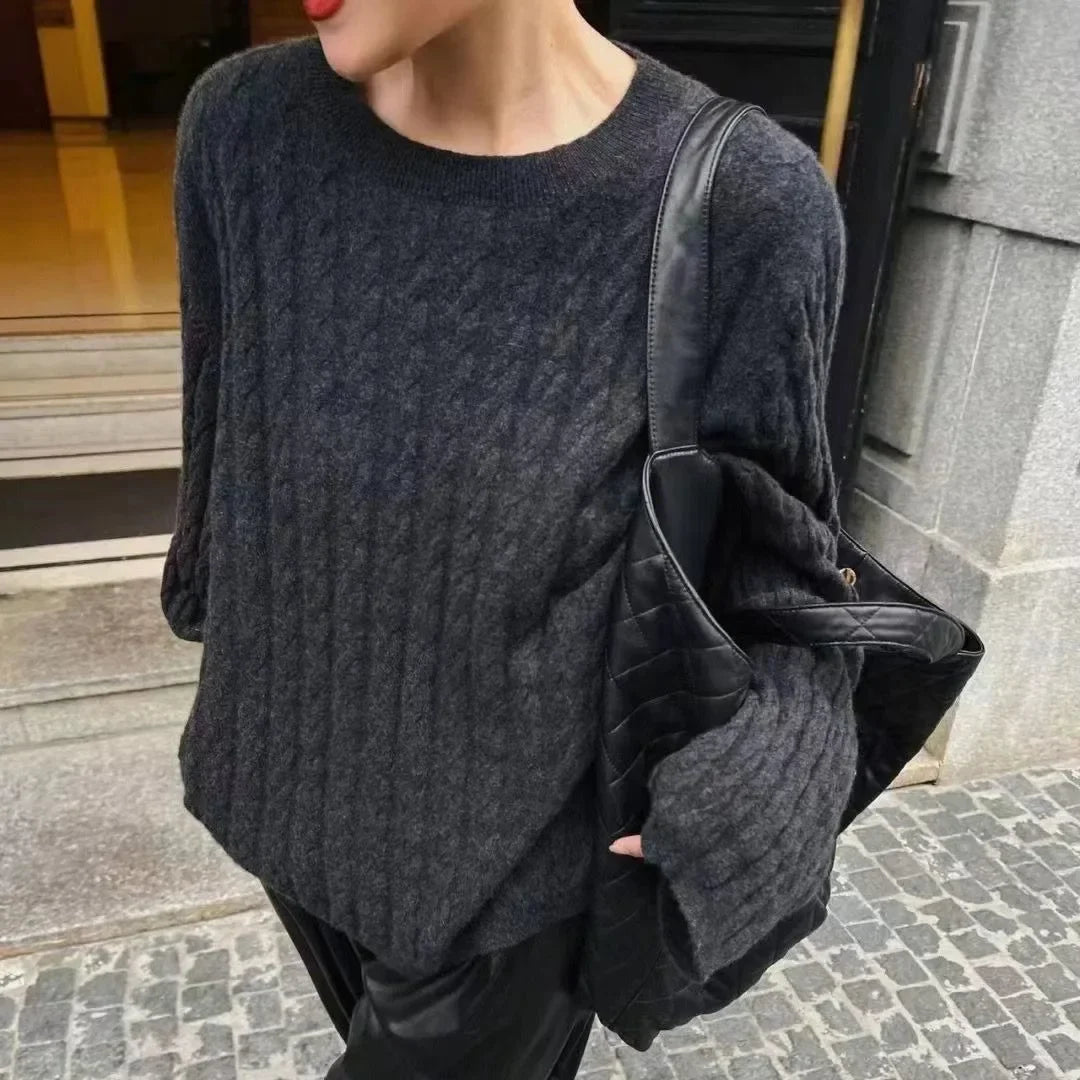 Solange | Women's Textured Cable Knit Crew Neck Sweater