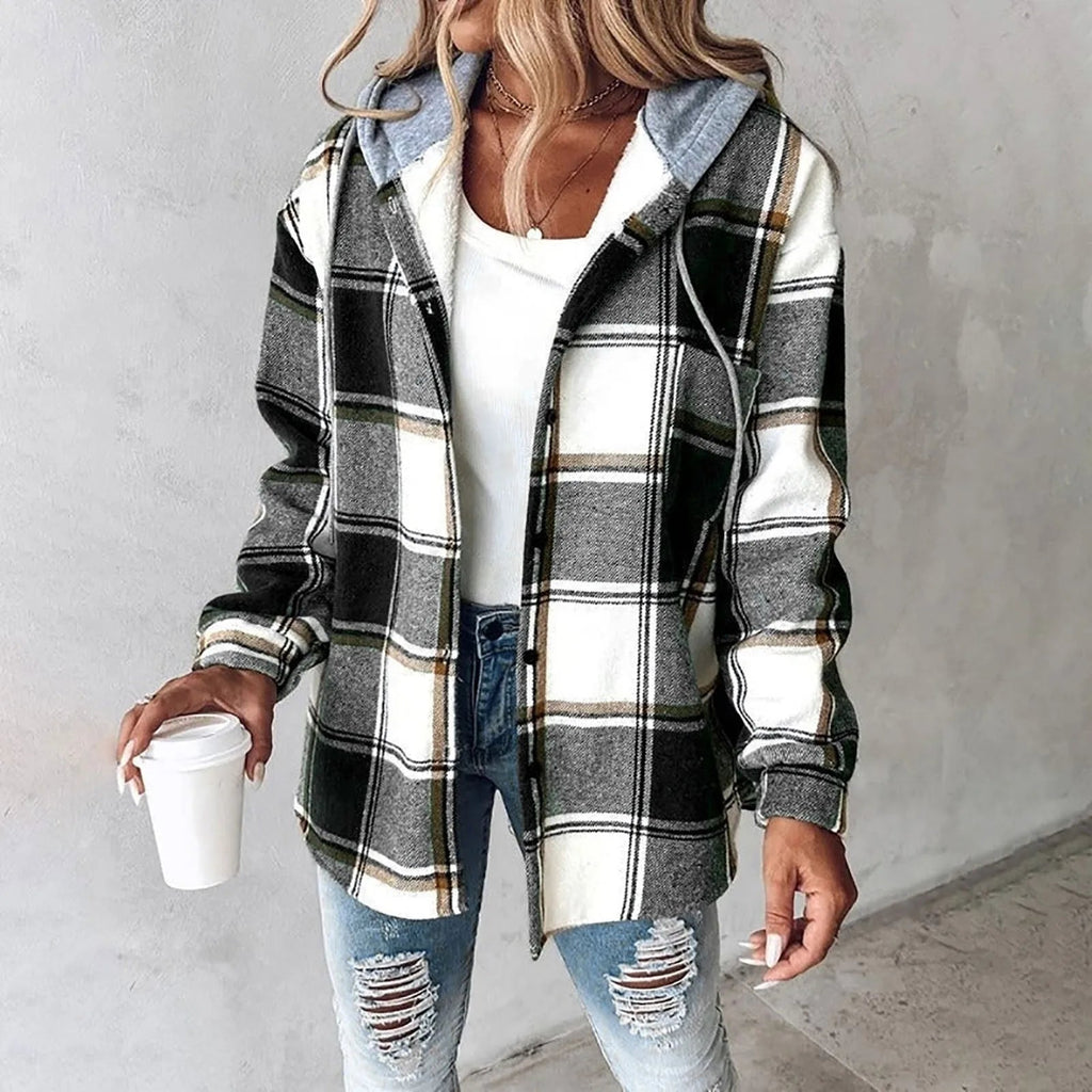 Juniper | Women's Drawstring Hooded Shirt Jacket in Bold Plaid