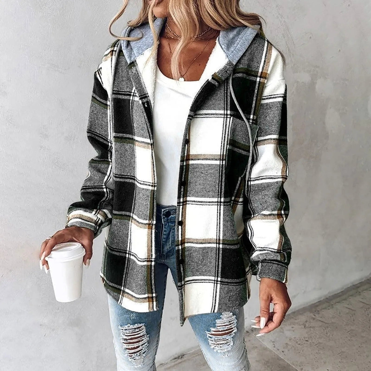 Juniper | Women's Drawstring Hooded Shirt Jacket in Bold Plaid