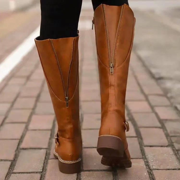 Lucinda | Women's Buckle Strap Knee High Riding Boots Brown