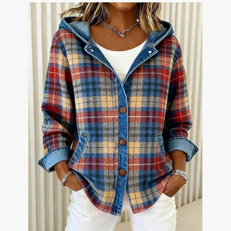 Fiorella | Women’s Plaid Hooded Jacket with Denim Trim