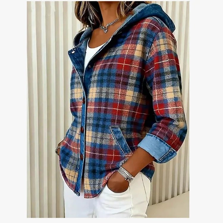 Fiorella | Women’s Plaid Hooded Jacket with Denim Trim
