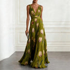 Floral Tulip Print Deep V Neck Chiffon Maxi Dress - Wedding Guest