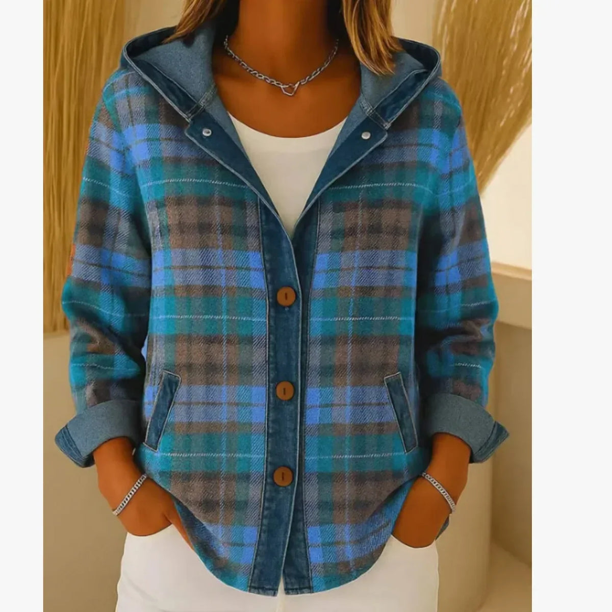 Fiorella | Women’s Plaid Hooded Jacket with Denim Trim