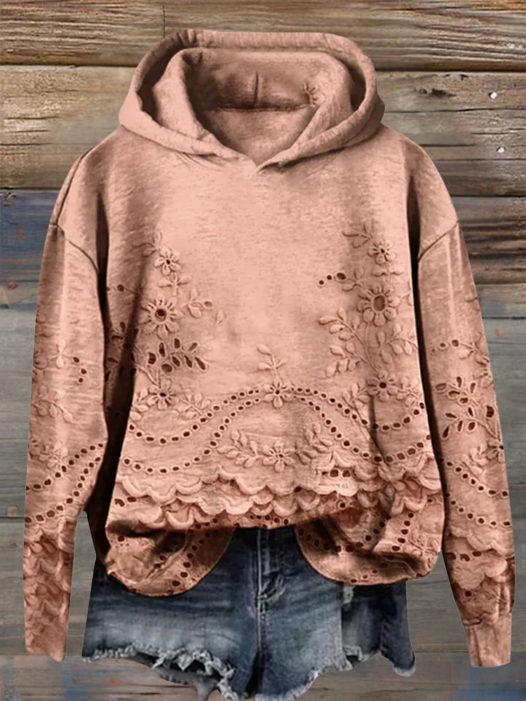 Faye | Women's Floral Embroidered Hoodie with Scalloped Hem