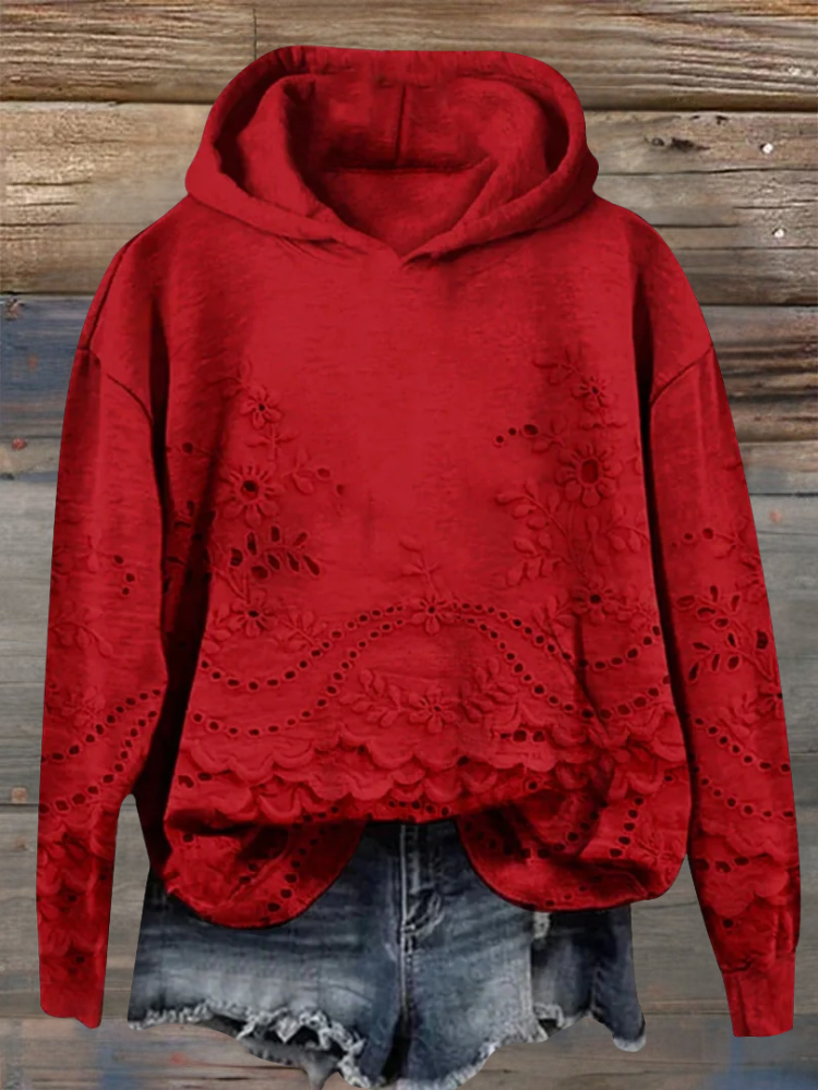 Faye | Women's Floral Embroidered Hoodie with Scalloped Hem