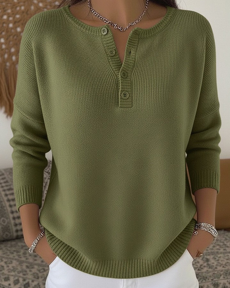 Tamsin | Women's Ribbed Henley Sweater with Button Placket