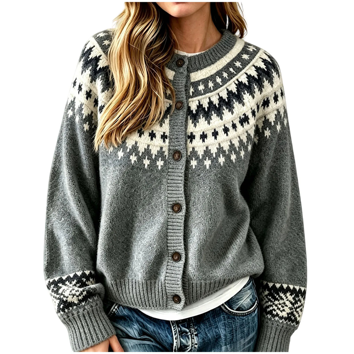 Sigrid | Women’s Knit Crew Neck Fair Isle Cardigan