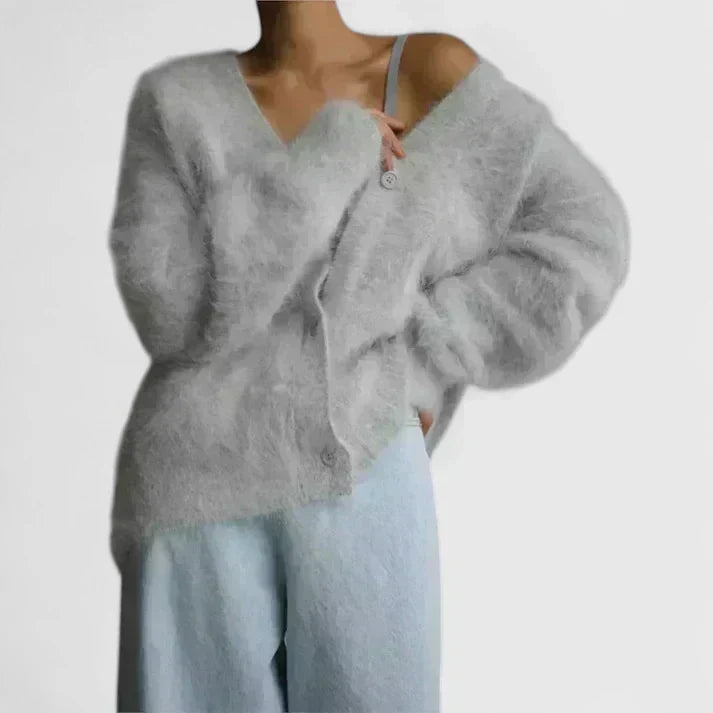 Odette | Women's V-Neck Fuzzy Mohair-Style Button Cardigan
