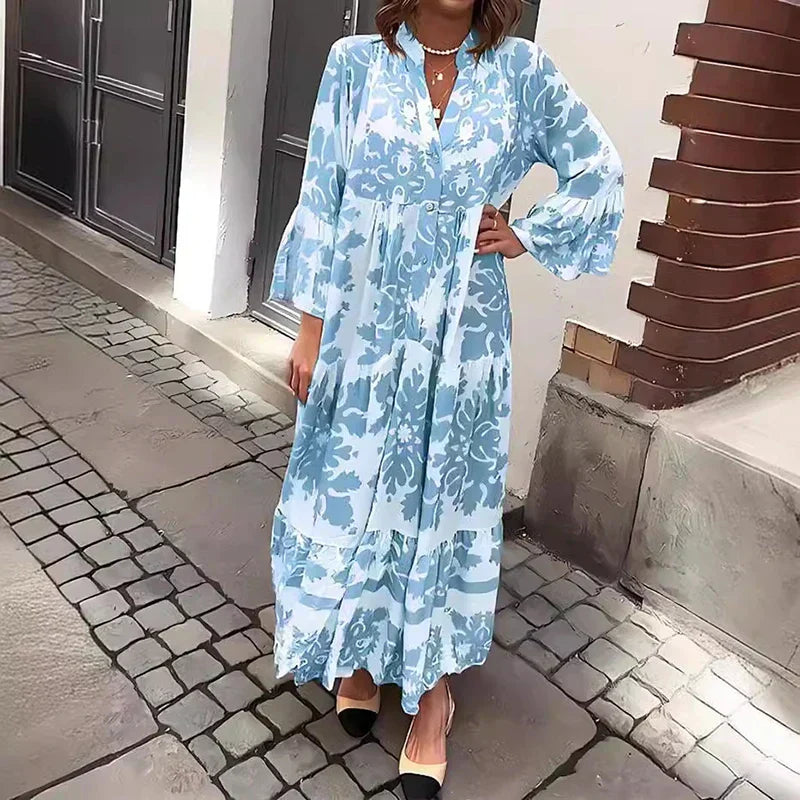 Baroque Floral Print V Neck Lantern Sleeve Tiered Boho Maxi Dress