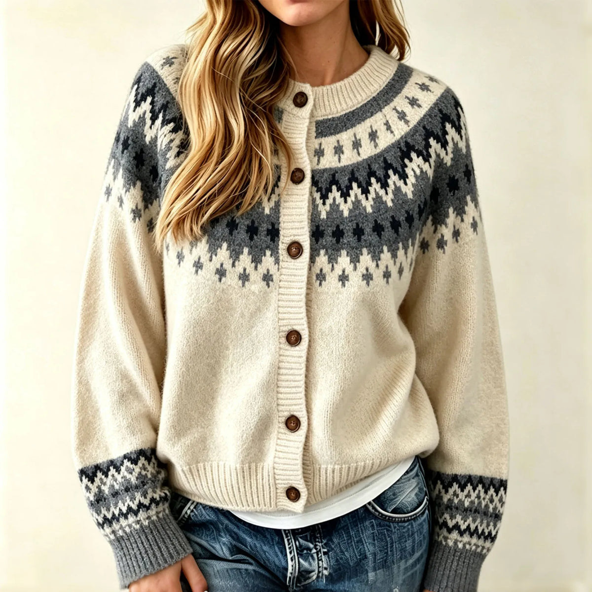 Sigrid | Women’s Knit Crew Neck Fair Isle Cardigan